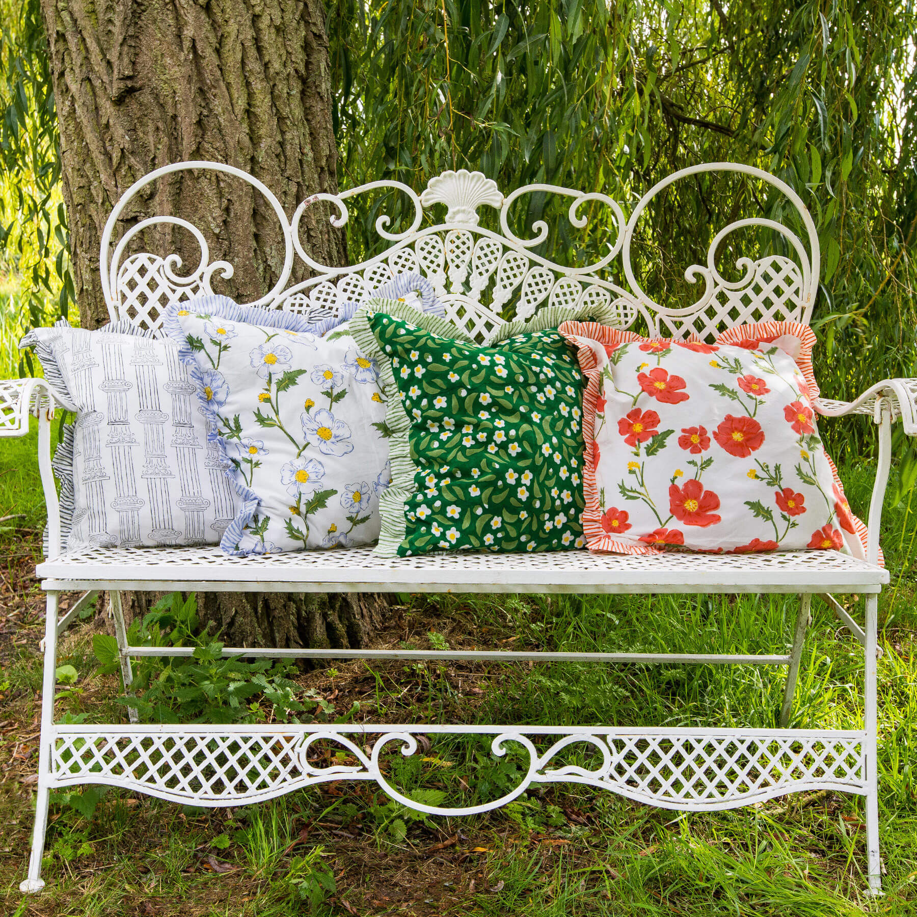 East London Parasol Company Ltd - Pillar Grey Frill Hand Block Printed Cushion (sold out)