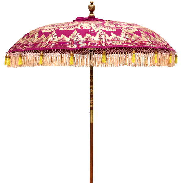 Margot round bamboo parasol- magenta and gold garden umbrella