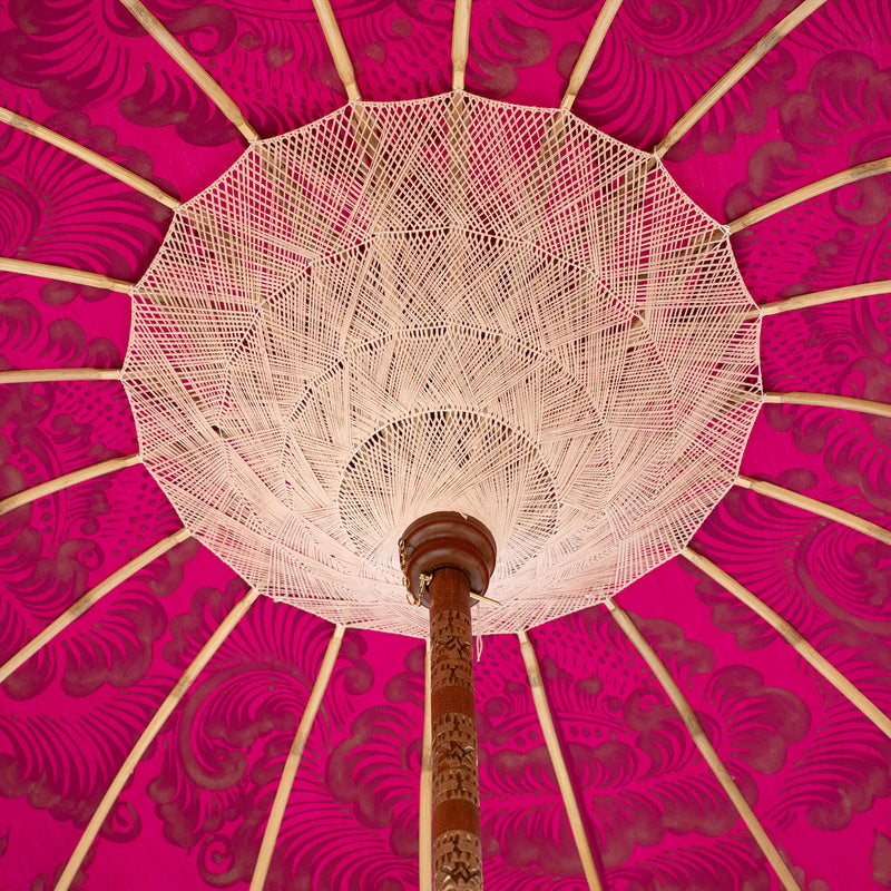 Margot round bamboo parasol- magenta and gold garden umbrella