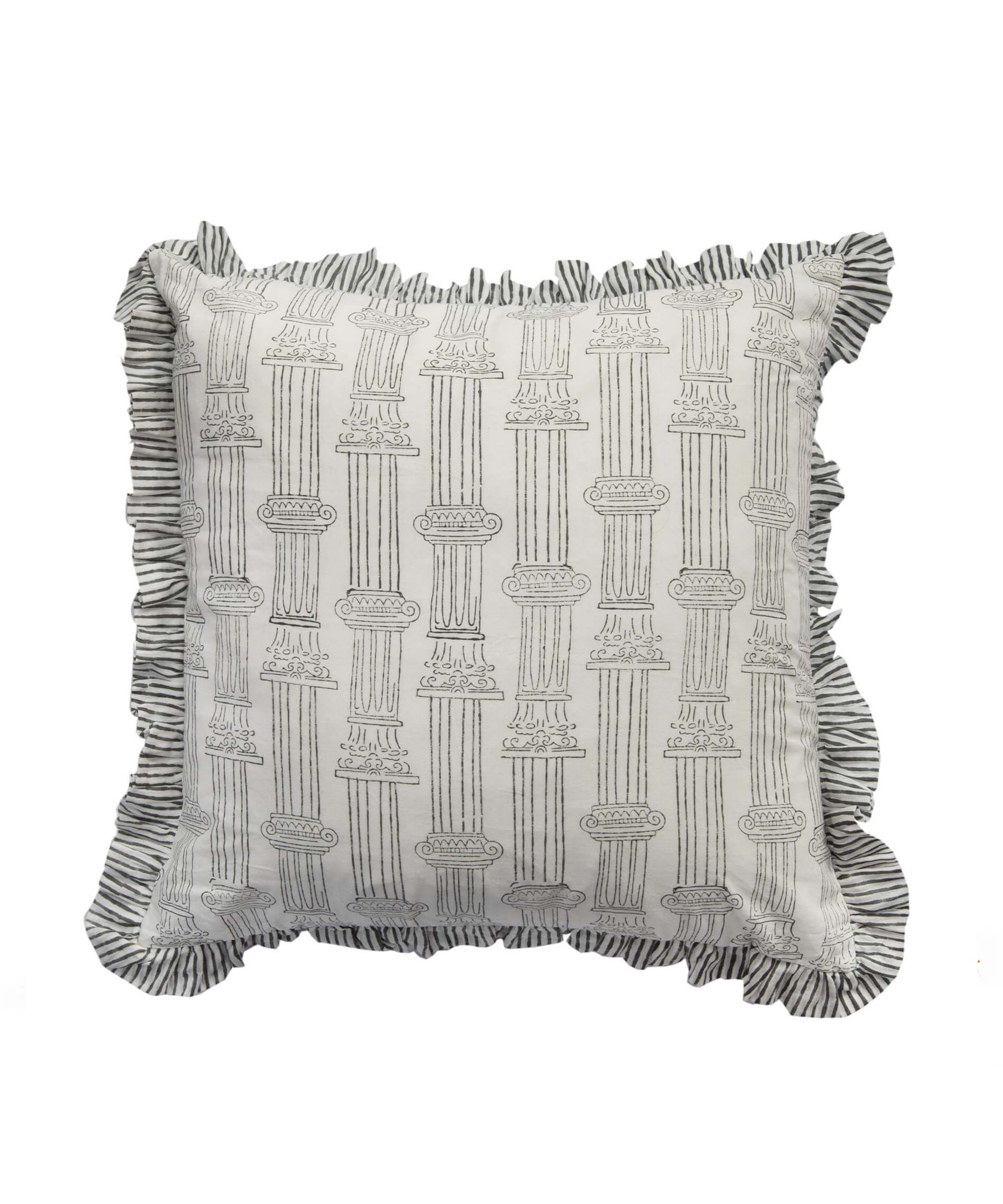 Pillar Grey Frill Hand Block Printed Cushion