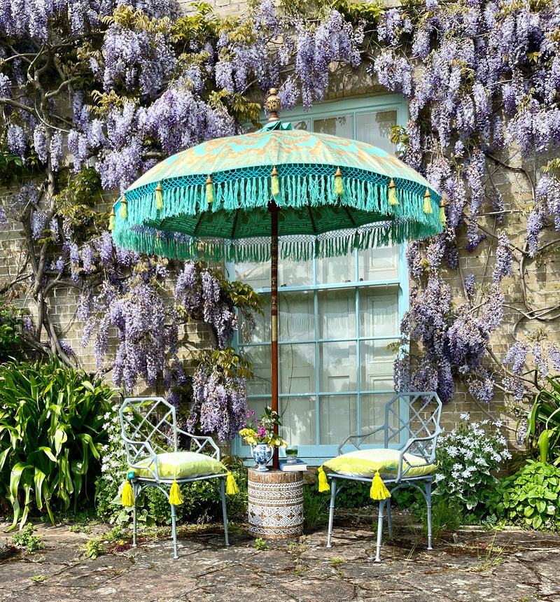 Tracy Green and Blue Round Bamboo Garden Parasol