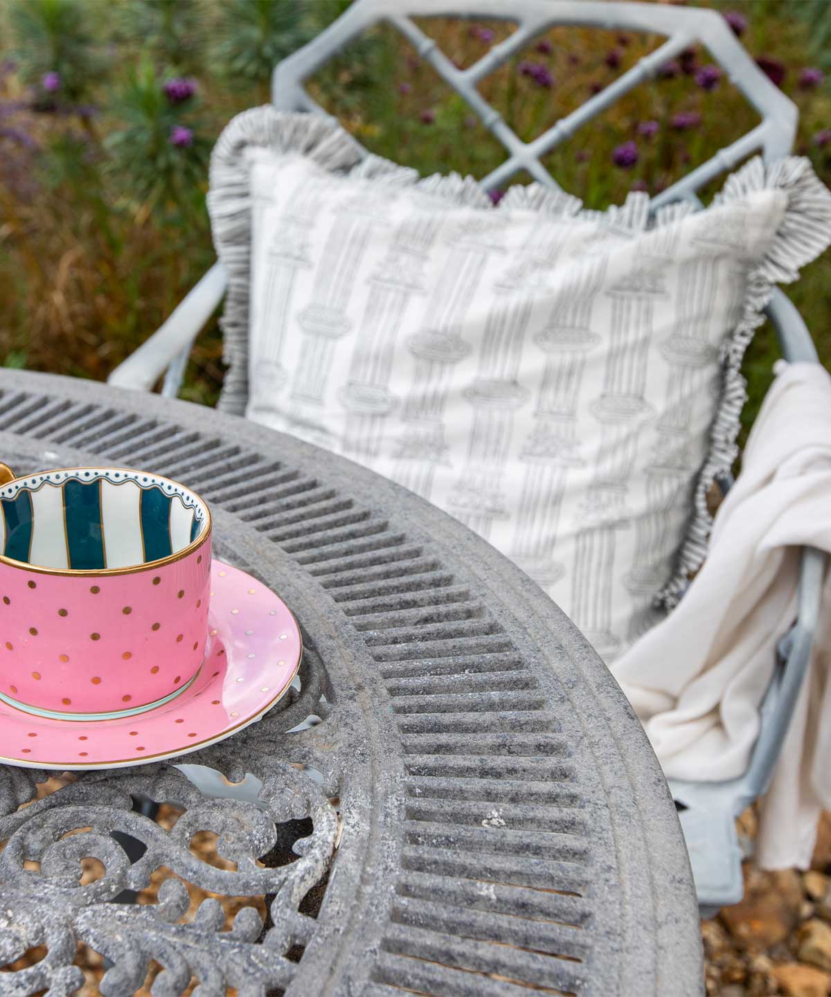 East London Parasol Company Ltd - Pillar Grey Frill Hand Block Printed Cushion (sold out)