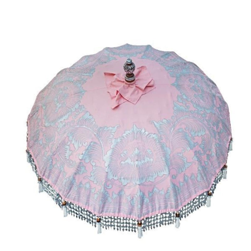 Stevie- Stunning pale pink and silver garden parasol. A Bali umbrella perfect for a picnic, patio, through your table with an umbrella hole or by your sun lounger at the pool. 