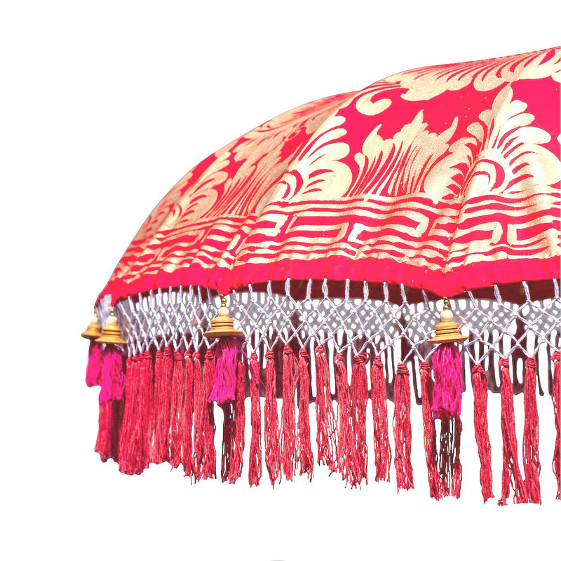 East London Parasol Company Bali Bamboo 2m garden umbrella. Olivia- red and gold. Handmade and handpainted with fringing and tassels in shades of red