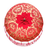 East London Parasol Olivia- red twill Bali bamboo 2m garden umbrella with lotus design hand painted in gold ink. A handmade garden parasol, beautiful, colourful and luxurious. A decorative summer garden feature for a dining table, pool side, picnic or outdoor lounger. Truly stunning and a work of artisan craft.