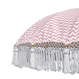 East London Parasol Kate- coral pink zig zag garden parasol with tassels in shades of white, hand made. The perfect garden umbrella for picnics, gardens, summer, patios, pool side and terraces. Bali and Indian inspired garden parasol and luxurious designer garden feature.