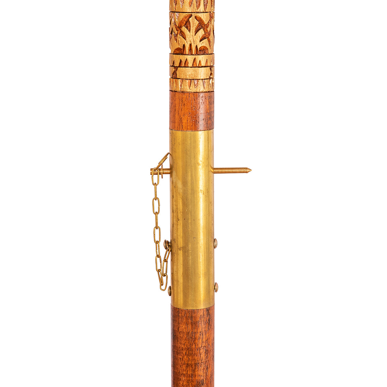 The pole is made from hand-carved durian wood pole with gold paint and finial, the pole join and pegs are made from solid brass.