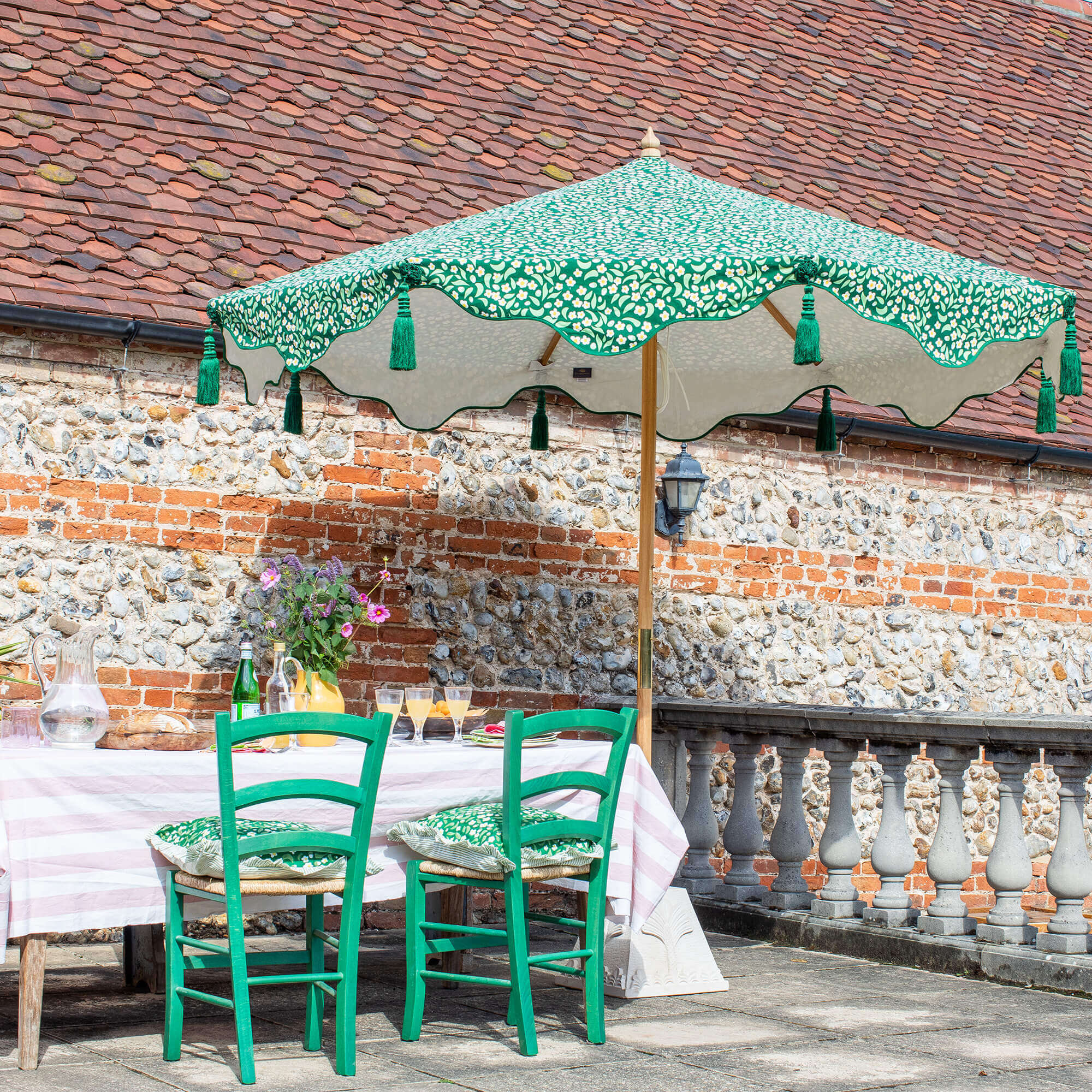 Daisy Garden Parasol- UK made garden umbrella- dark green floral print- East London Parasol Company Garden Parasol