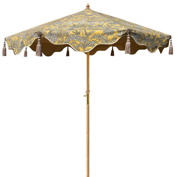 warner House X East London Parasol Company- yellow and grey printed octagonal garden parasol- made in the UK
