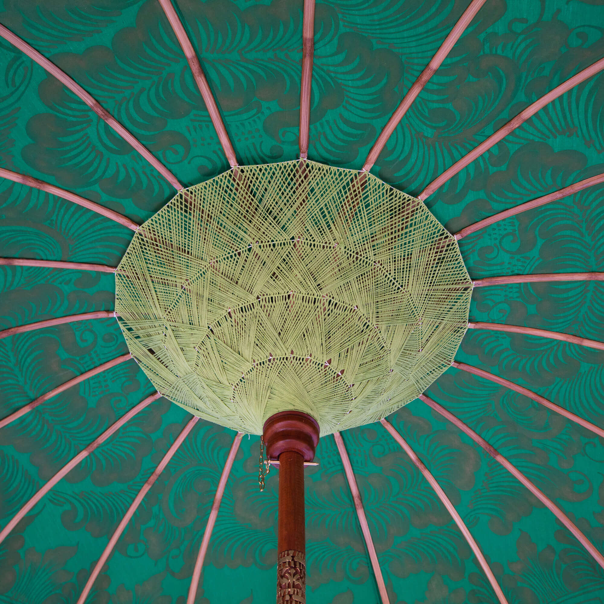  Emma Round Bamboo Garden Parasol- East London Parasol Company- Green and gold- wood