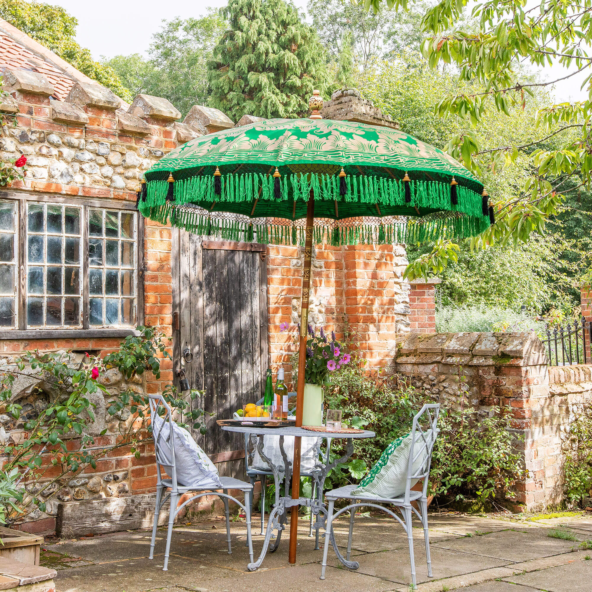  Emma Round Bamboo Garden Parasol- East London Parasol Company- Green and gold- wood