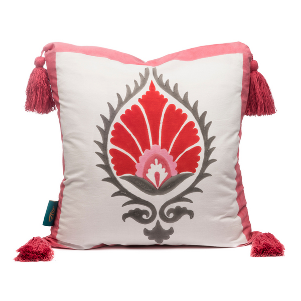 Fuschia Suzani Cushion red, pink and grey peacock design with cotton tassels