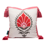 Fuschia Suzani Cushion made by East London Parasol Company. Using red, pink and grey block print technique handmade in India, these cushions are perfect for gardens, homes and parties.
