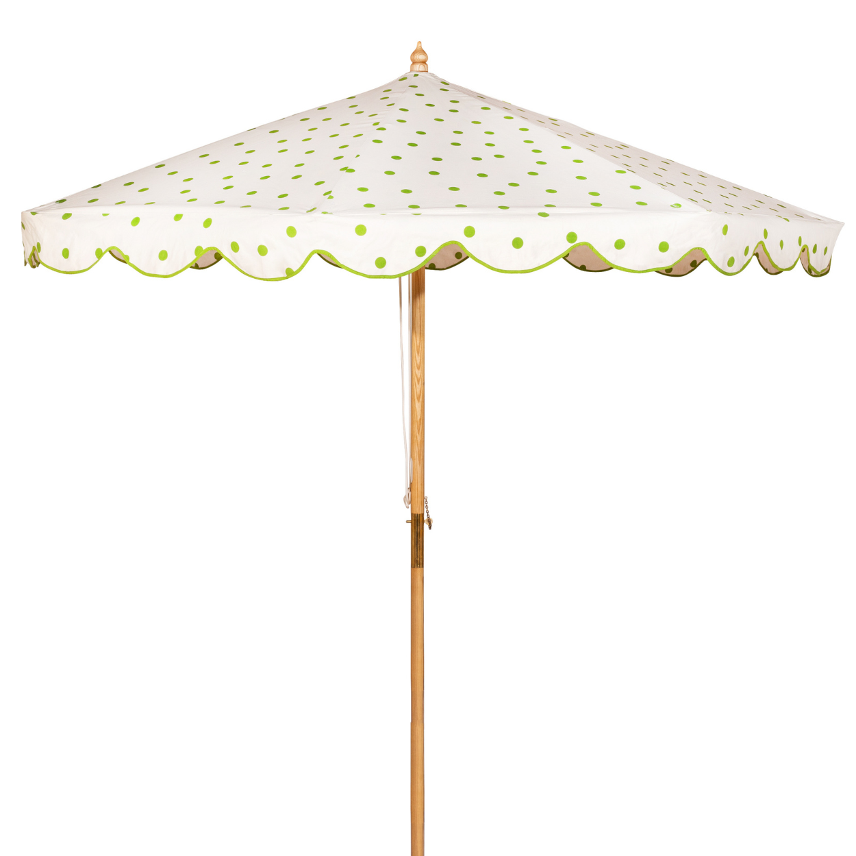 Grace 1 Octagonal Parasol is handcrafted frame made in the UK. Natural cotton canvas with green polka dot pattern outside and inside, and scalloped valance.