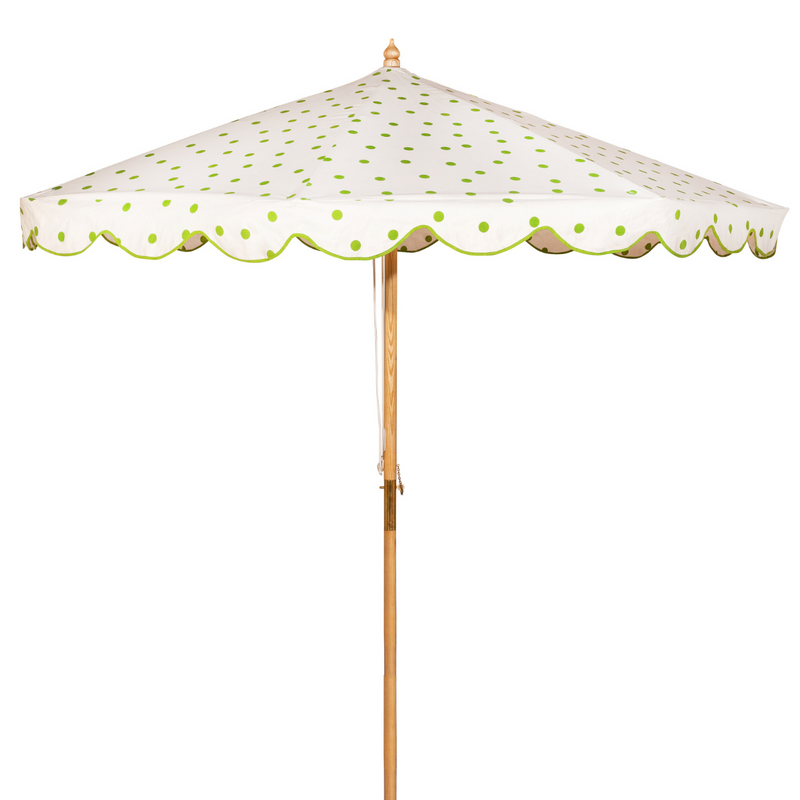 Grace 1 Octagonal Parasol is handcrafted frame made in the UK. Natural cotton canvas with green polka dot pattern outside and inside, and scalloped valance.