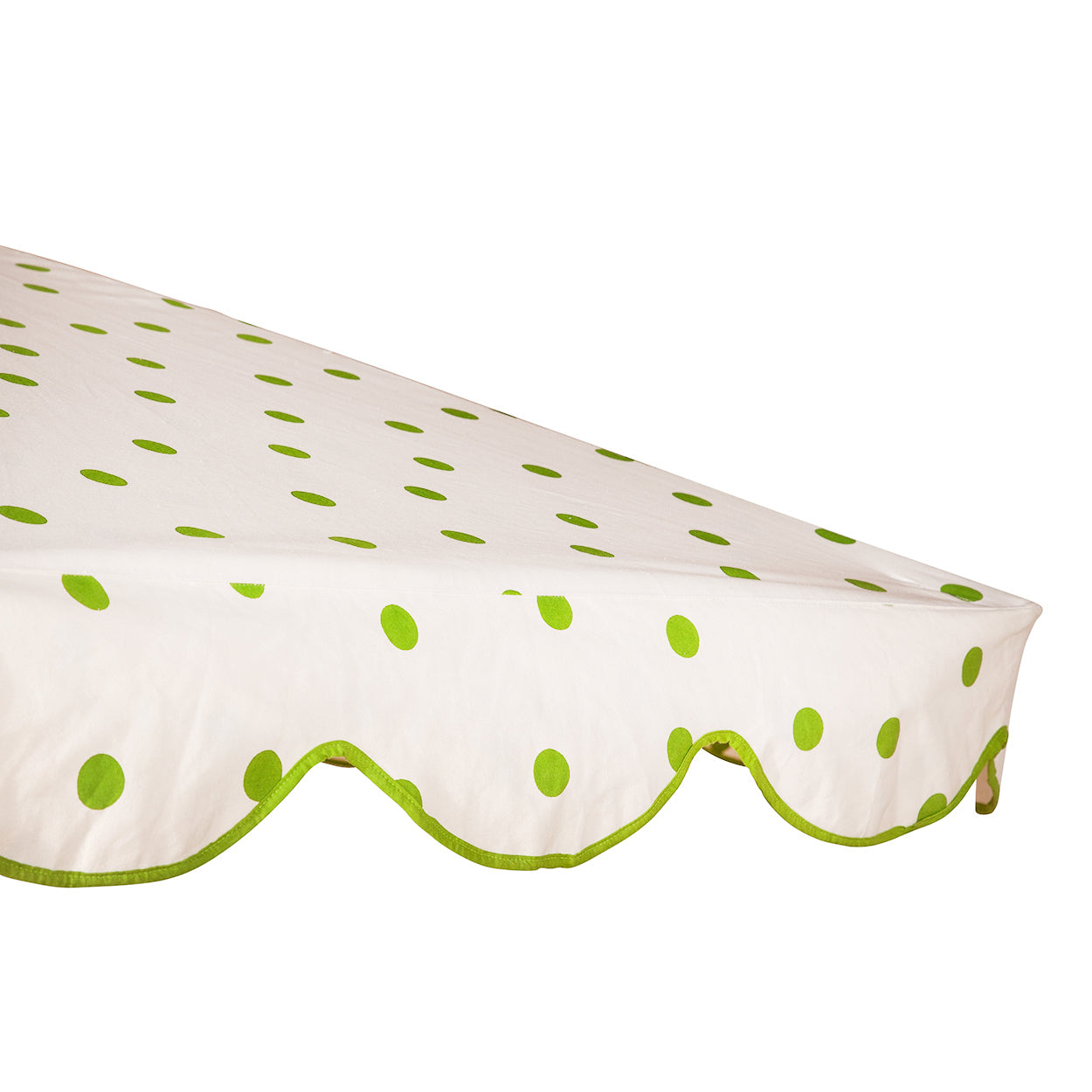 Grace 1 Octagonal Parasol is handcrafted frame made in the UK. Natural cotton canvas with green polka dot pattern outside and inside, and scalloped valance.