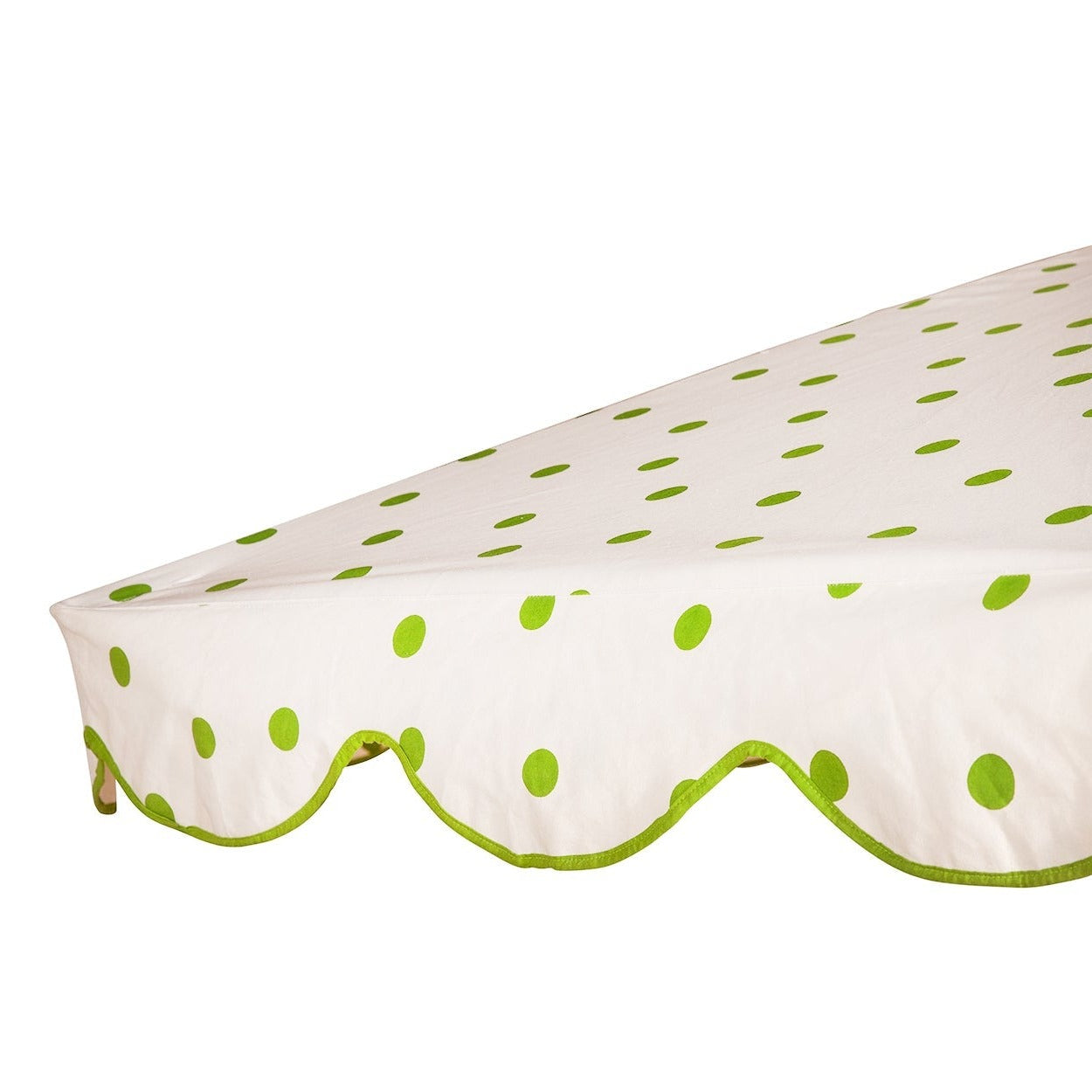 Grace 1 Octagonal Parasol is handcrafted frame made in the UK. Natural cotton canvas with green polka dot pattern outside and inside, and scalloped valance.