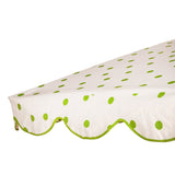 Grace 1 Octagonal Parasol is handcrafted frame made in the UK. Natural cotton canvas with green polka dot pattern outside and inside, and scalloped valance.