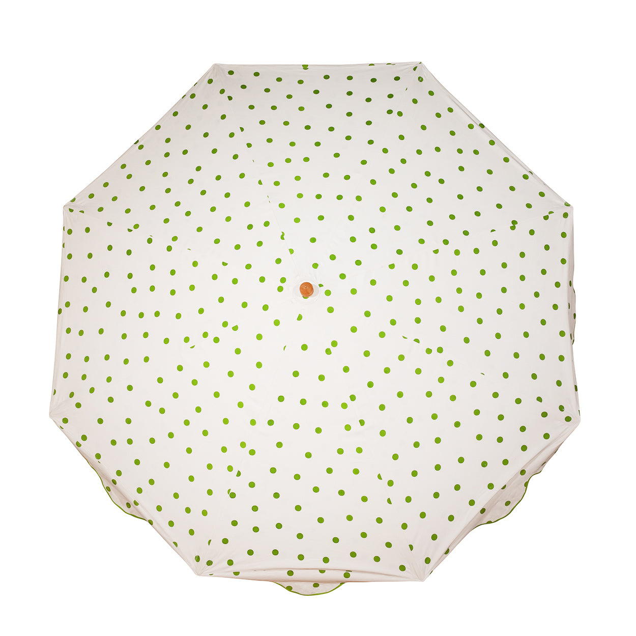 Grace 1 Octagonal Parasol is handcrafted frame made in the UK. Natural cotton canvas with green polka dot pattern outside and inside, and scalloped valance.