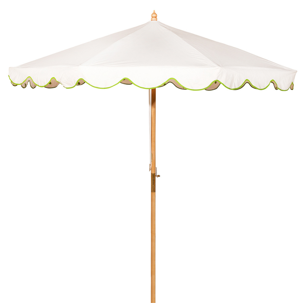 Grace 2 Octagonal Parasol handcrafted frame made in the UK. Natural cotton canvas with white canopy, printed green polka dot pattern inside and scalloped valance.