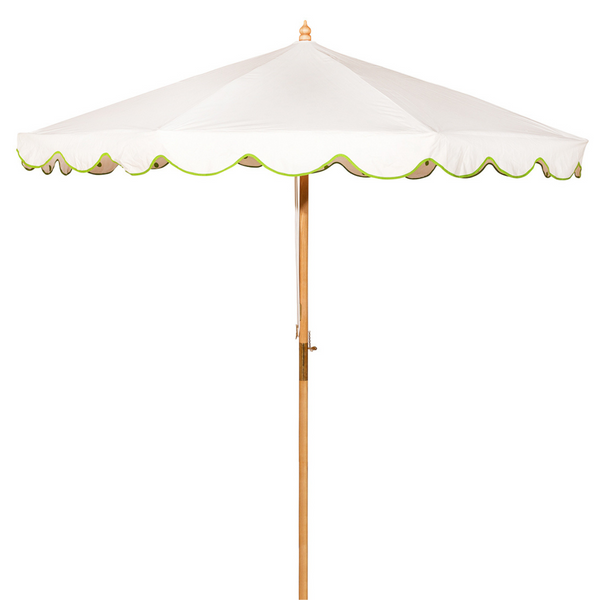 Grace 2 Octagonal Parasol handcrafted frame made in the UK. Natural cotton canvas with white canopy, printed green polka dot pattern inside and scalloped valance.