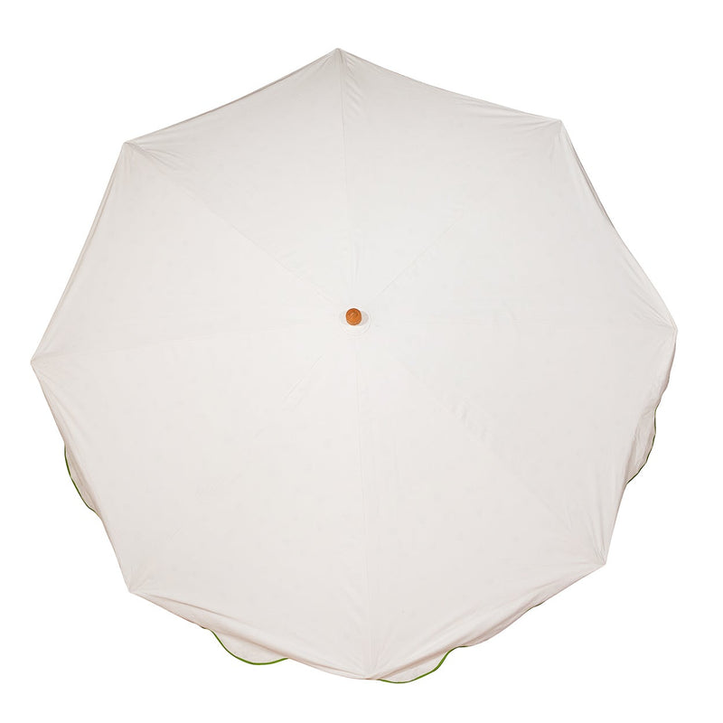 Grace 2 Octagonal Parasol handcrafted frame made in the UK. Natural cotton canvas with white canopy, printed green polka dot pattern inside and scalloped valance.