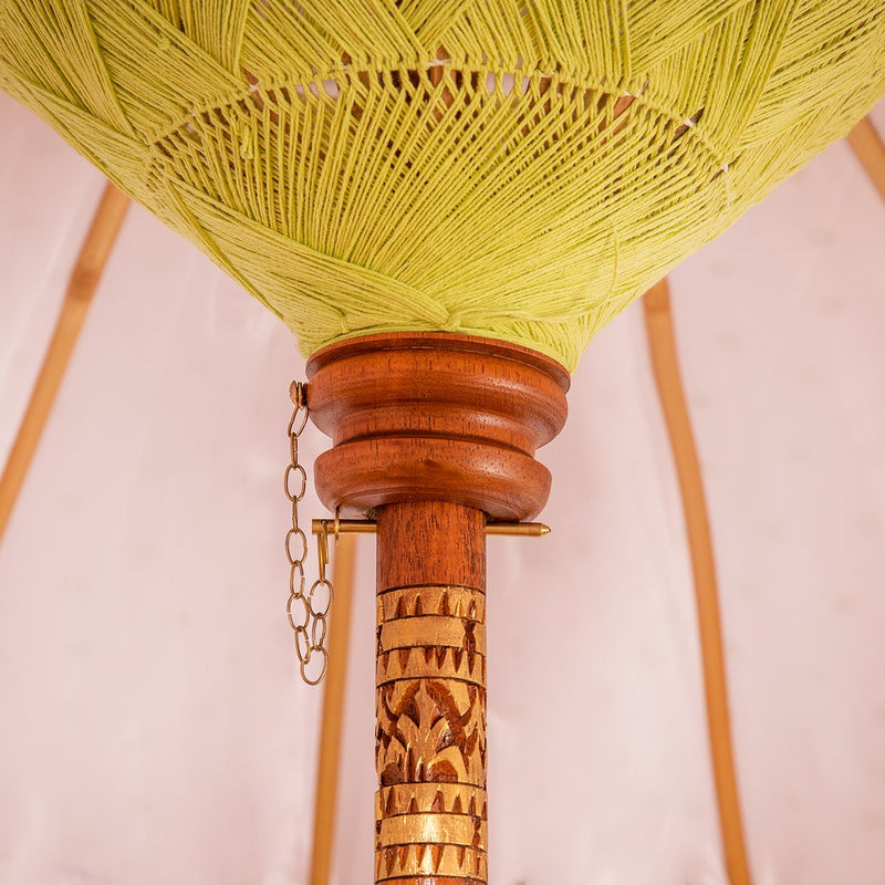 The pole is made from hand-carved durian wood pole with gold paint and finial, the pole join and pegs are made from solid brass. 