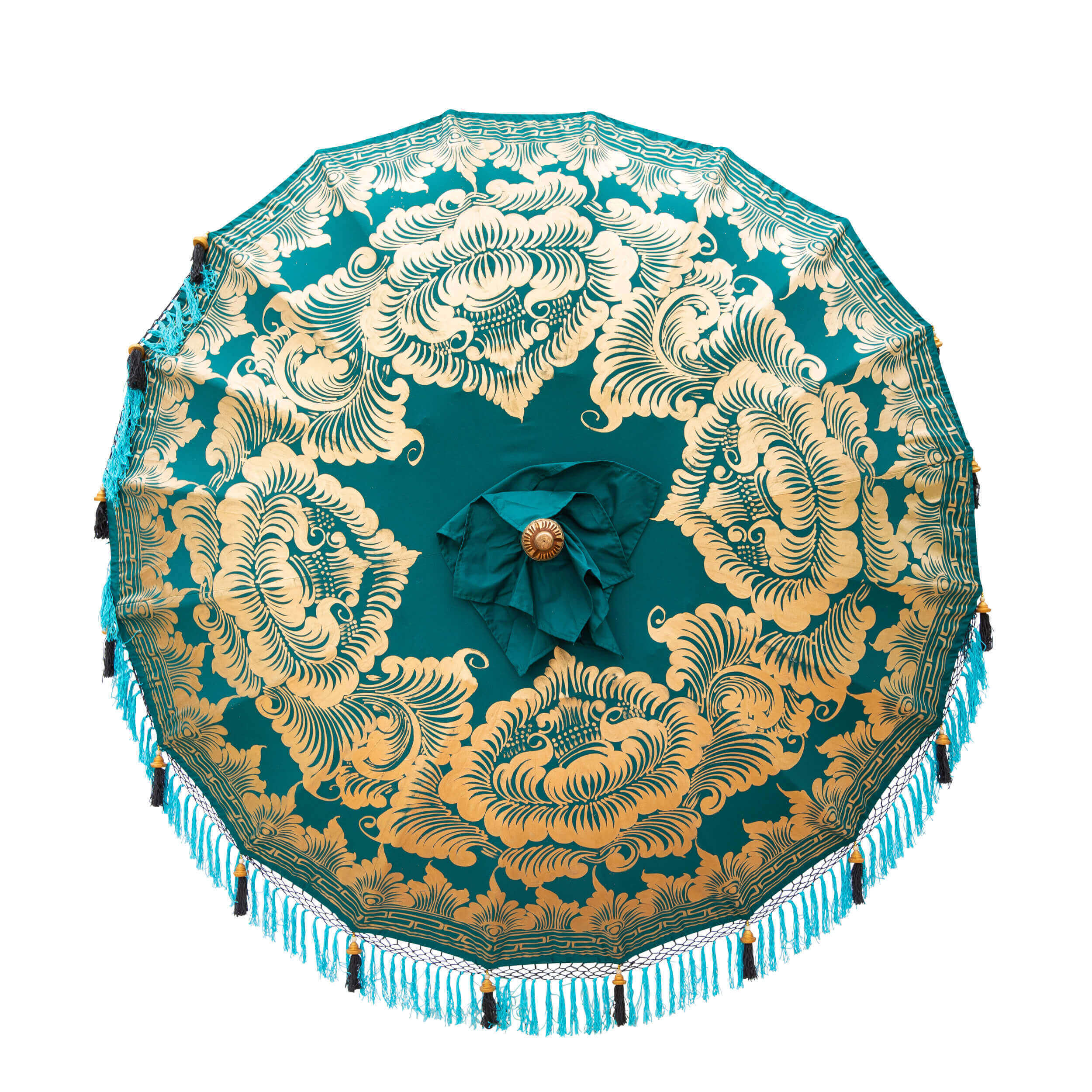 Laurie Round Bamboo Garden Parasol- East London Parasol Company- teal and gold- wood