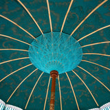 Laurie Round Bamboo Garden Parasol- East London Parasol Company- teal and gold- wood