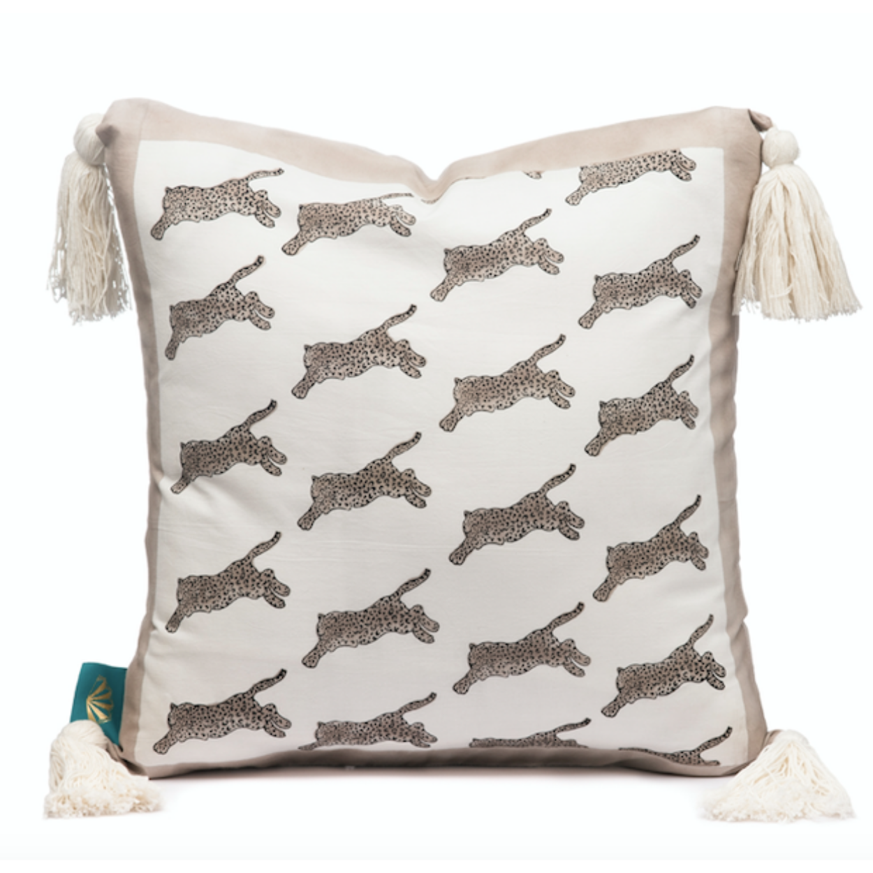 Leopard block print cushion with cream tassels. Handmade in India by artisans, these cushions are perfect for in the garden, home and parties. 