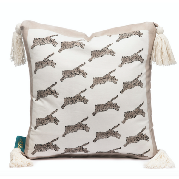 Leopard block print cushion with cream tassels. Handmade in India by artisans, these cushions are perfect for in the garden, home and parties. 