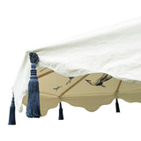 Big Lexi, 3m width waterproof canvas Garden parasol in natural cotton  with flying birds in grey, red and indigo blue on the inside. Screen printed garden umbrella with stunning indigo tassels. Elegant, chic and calming, the ultimate luxury garden decoration. The canopy is easily removable. The perfect umbrella for gardens, summer, patios, pool side and terraces. A fabulous garden accessory for a party.