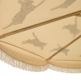In stock 3m width Waterproof canvas Big Gloria garden umbrella. Leopard printed garden parasol with neutral beige and creams. A show stopping garden umbrella with wooden frame and tassels. The perfect umbrella for gardens, summer, patios, pool side and terraces. On the leopard print, maximalism animal safari trend.