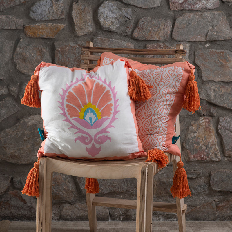 Coral pink block printed suzani garden cushion