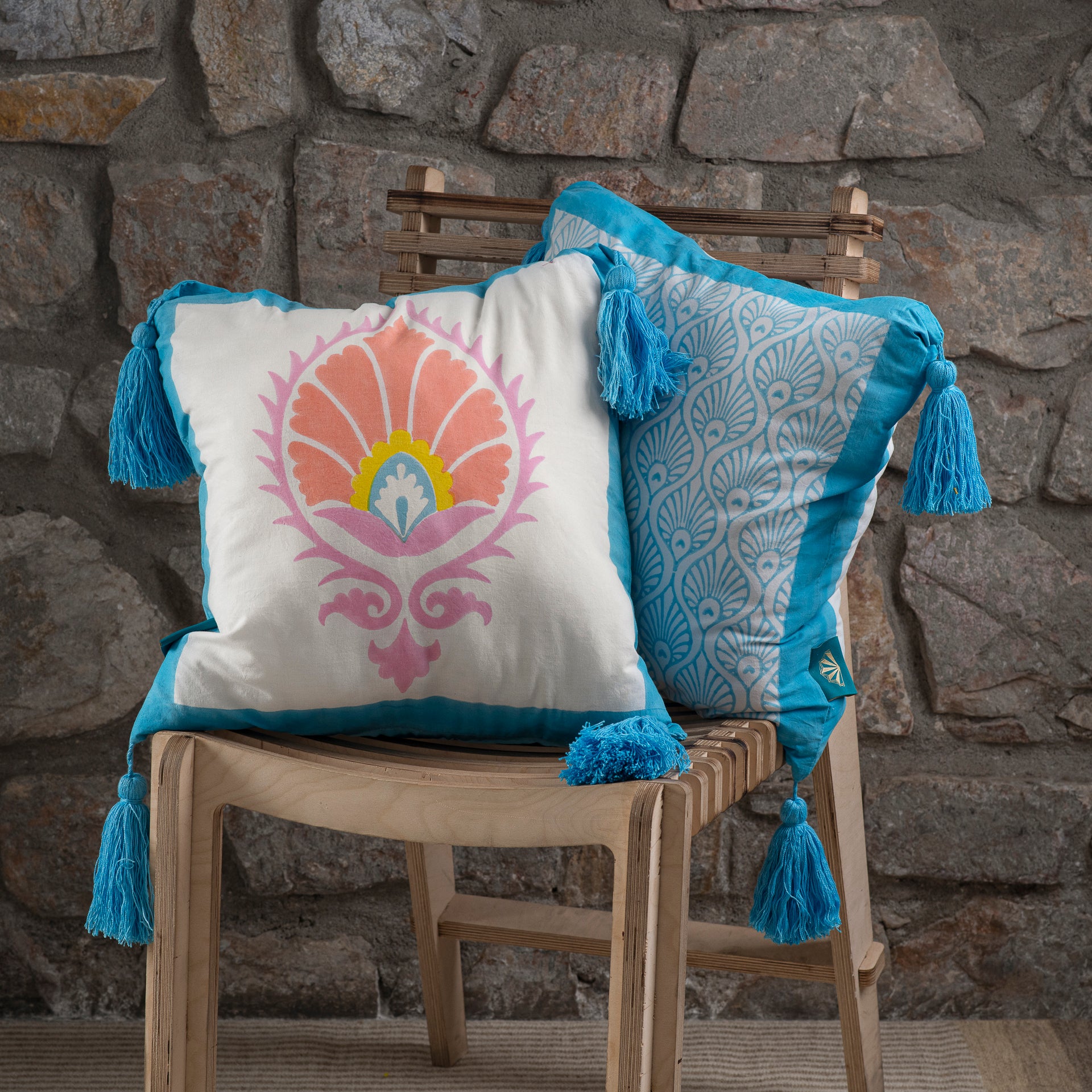 Sky blue block printed suzani garden cushion