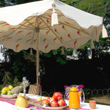 East London Parasol Company. Big David. 3m printed cream waterproof canvas colourful parrot wooden garden parasol. Different interchangeable covers available  Printed natural coloured waterproof cotton canvas with parrots underneath, Arabian-influenced fringe and silver beige tassels. The perfect garden umbrella for gardens, summer, patios, pool side and terraces.