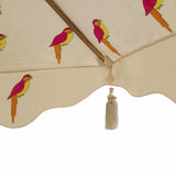 East London Parasol Company. Big David. 3m printed cream waterproof canvas colourful parrot wooden garden parasol. Different interchangeable covers available  Printed natural coloured waterproof cotton canvas with parrots underneath, Arabian-influenced fringe and silver beige tassels. The perfect garden umbrella for gardens, summer, patios, pool side and terraces.