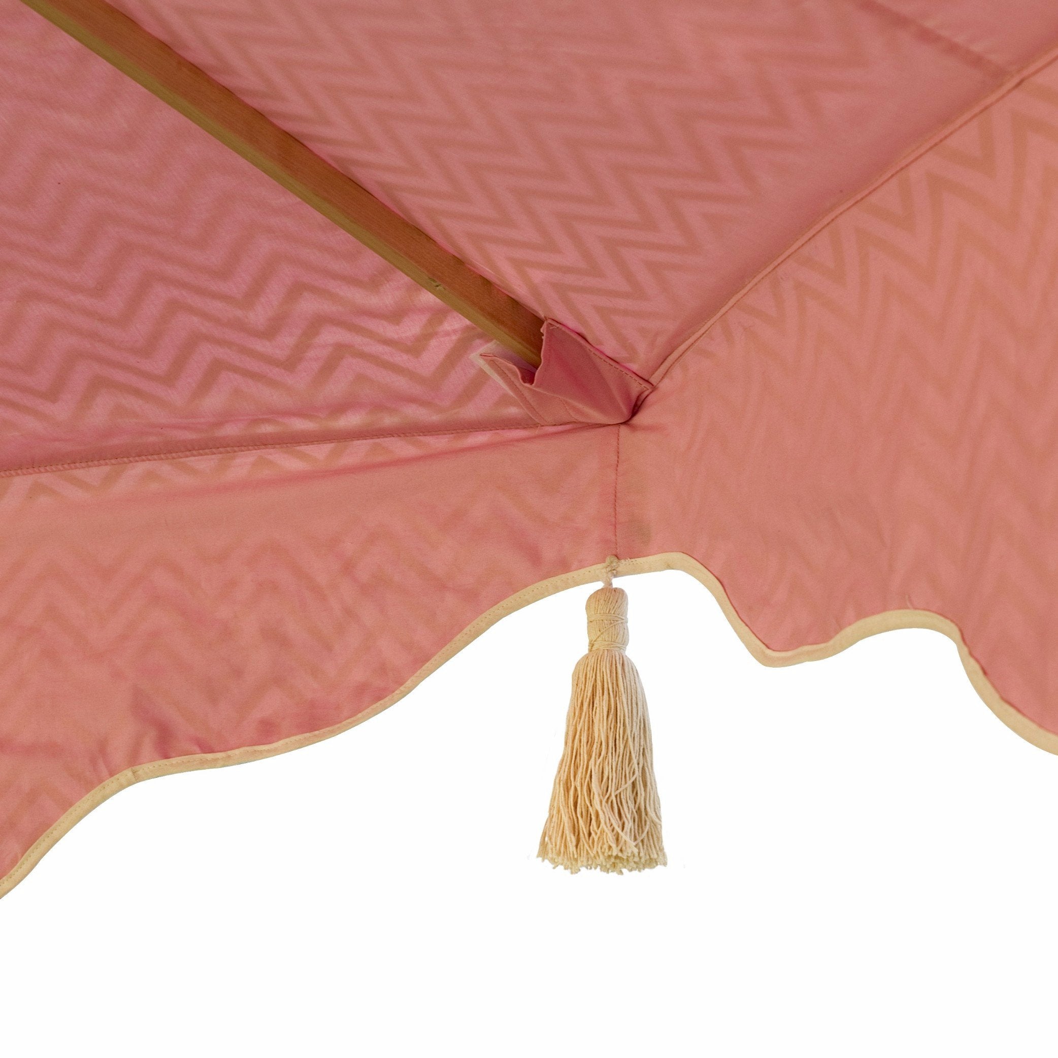 East London Parasol Company Big Green and pink Aretha Garden umbrella zig zag Orange and Yellow 3m wooden parasol with tassels