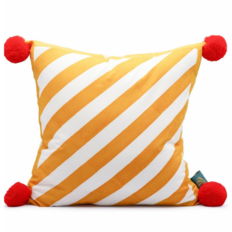 Orange striped garden cushion, vibrant and rainbow colourful cushions. Handmade and hand printed with pom poms to perfectly match our parasols and beautiful garden decorations.