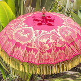 East London Parasol Company Whitney- pink orange and yellow bali parasol. Handmade garden umbrella. A show stopping garden decoration and the most pretty summer accessory for a garden party or a wedding.