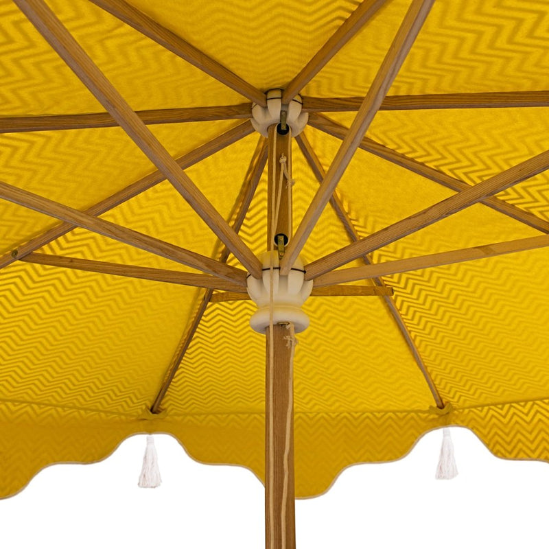 East London Parasol Company wooden frame Big Aretha umbrella or garden parasol. Grey zigzags chevrons with yellow and natural cotton tassles