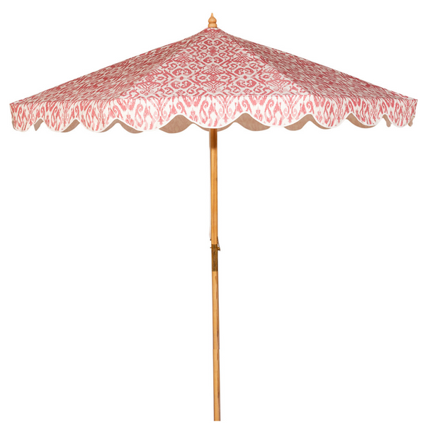 Sophia 1 Octagonal Parasol natural cotton canvas with digital pink ikat printed pattern outside and white inside, and scalloped valance. FSC certified ash frame made in Hampshire with our own designs of brass fittings and pulleys.