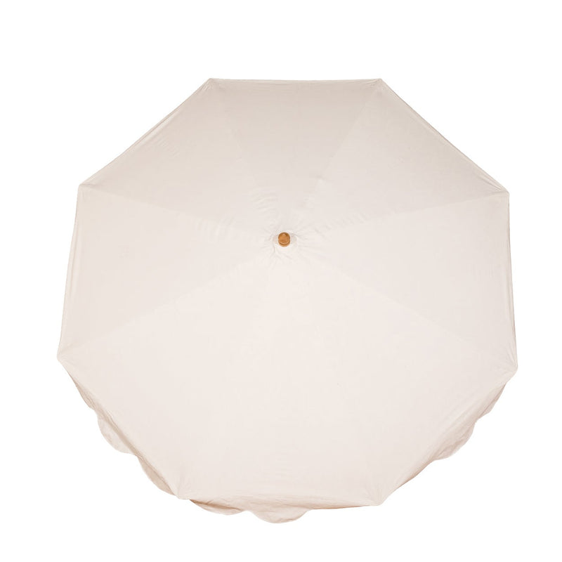 Sophia 2 Octagonal Parasol has a natural cotton canvas with white outside and pink ikat print inside, and scalloped valance. FSC certified ash frame made in Hampshire with our own designs of brass fittings and pulleys.