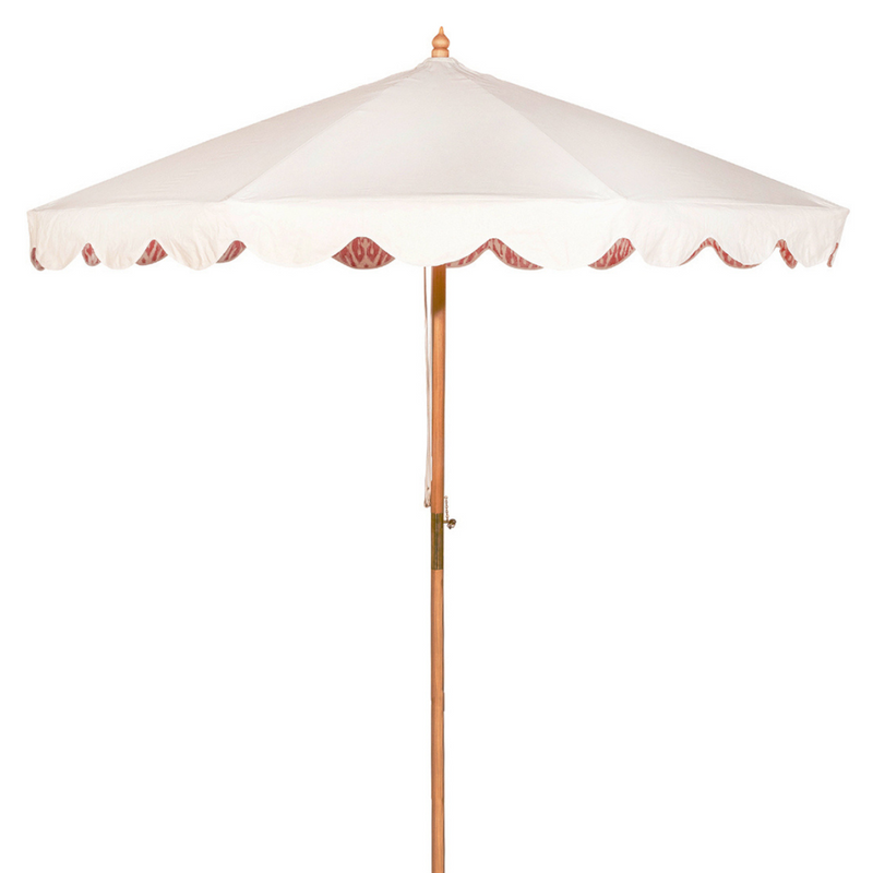 Sophia 2 Octagonal Parasol has a natural cotton canvas with white outside and pink ikat print inside, and scalloped valance. FSC certified ash frame made in Hampshire with our own designs of brass fittings and pulleys