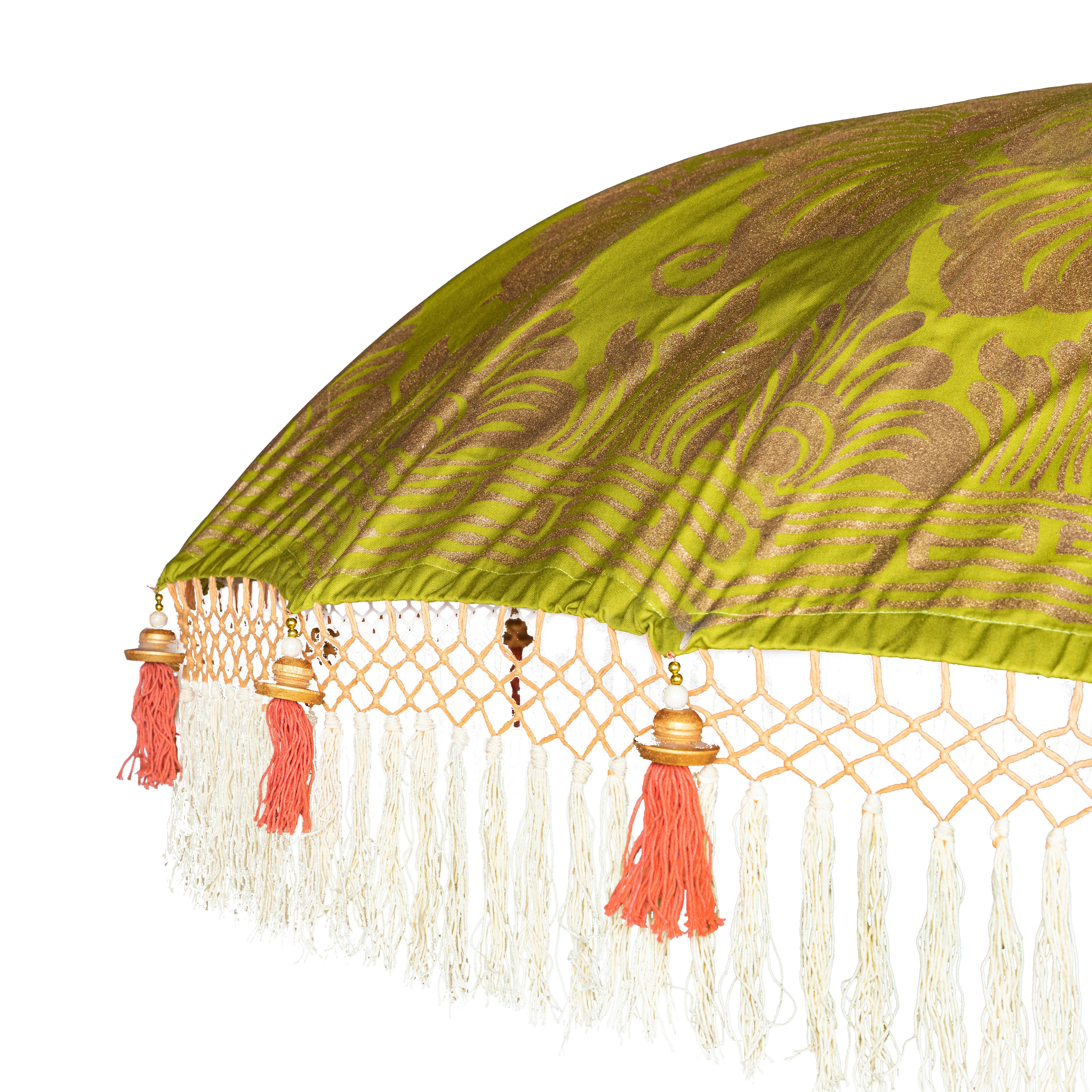 Coral threading inside and bamboo spokes. The pole is made from hand-carved durian wood pole with gold paint and finial, the pole join is made from solid brass. The fringing is in cream with elegant coral tassels and gold beading.