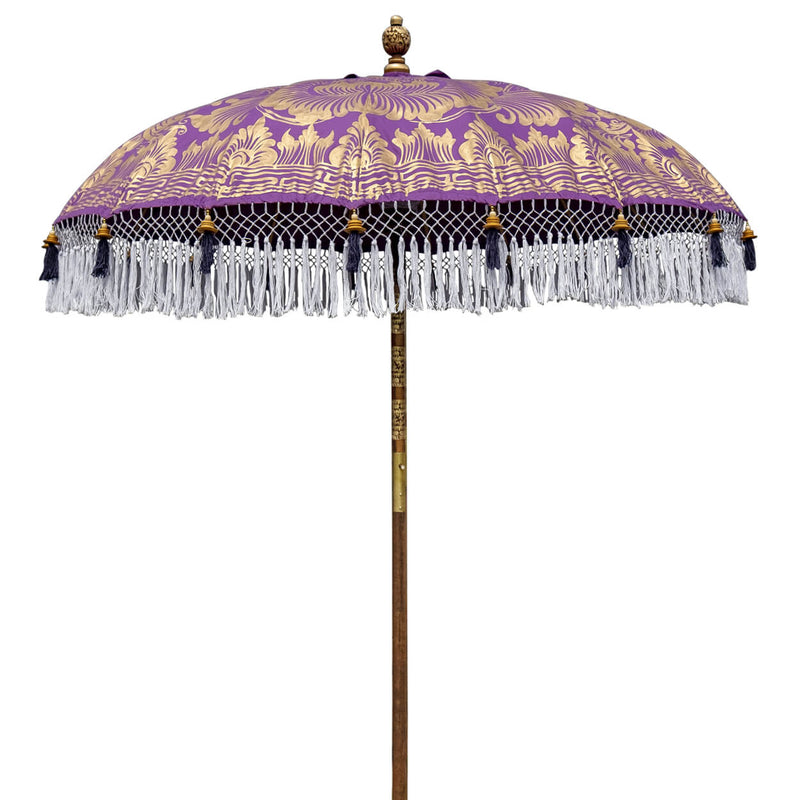 Arlo Round Bamboo parasol, purple garden decor. Handpainted gold ink with white fringing and dark purple tassels- this parasol is perfect for every occassion.
