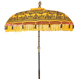 Augusta Round Bamboo Parasol has dark orange threading inside and bamboo spokes. The pole is made from hand-carved durian wood pole with gold paint and finial, the pole join and pegs are made from solid brass. The fringing is in orange with yellow tassels and beading. These are handmade items and there may be some variation in colour. 