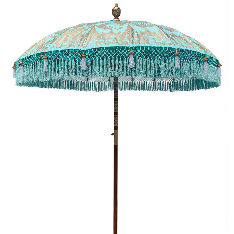 Bette Round Bamboo Parasol- handmade blue garden decor. Handpainted gold ink with blue fringing and white tassels, this is an elegant and playful parasol that is unique and perfect for all ocasions 