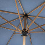Inside the canopy of Blue Aretha Octagonal Parasol. Sustainanle FSC ash wood handmade frames in the UK.