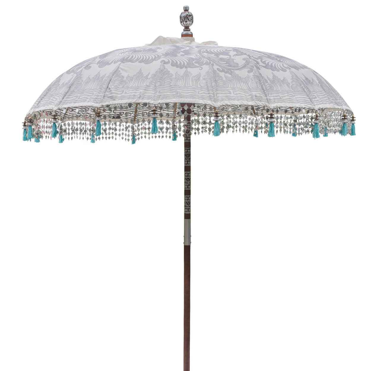 Cher Round Bamboo Parasol beautiful cream, silver and blue garden parasol. Hand-painted with silver ink by artisans in Bali. The pole is made from hand-carved durian wood pole with silver paint and finial, the pole join and pegs are made from solid brass.